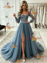 Blue Tulle Long Sleeve Lace Prom Dress