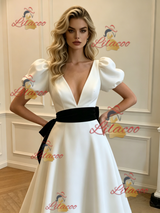 White Satin V-neck Puff Sleeve Wedding Dress