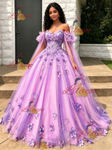 Purple Tulle Off the Shoulder 3D Flower Quinceanera Dress