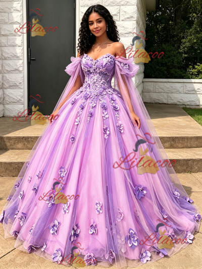 Purple Tulle Off the Shoulder 3D Flower Quinceanera Dress