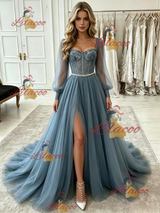 Blue Tulle Long Sleeve Lace Prom Dress