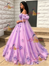 Purple Tulle Off the Shoulder 3D Flower Quinceanera Dress