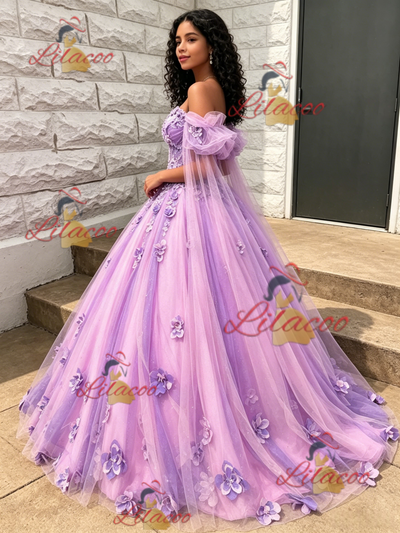 Purple Tulle Off the Shoulder 3D Flower Quinceanera Dress