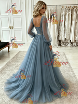Blue Tulle Long Sleeve Lace Prom Dress
