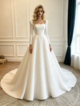 White Satin Long Sleeve Wedding Dress