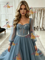 Blue Tulle Long Sleeve Lace Prom Dress