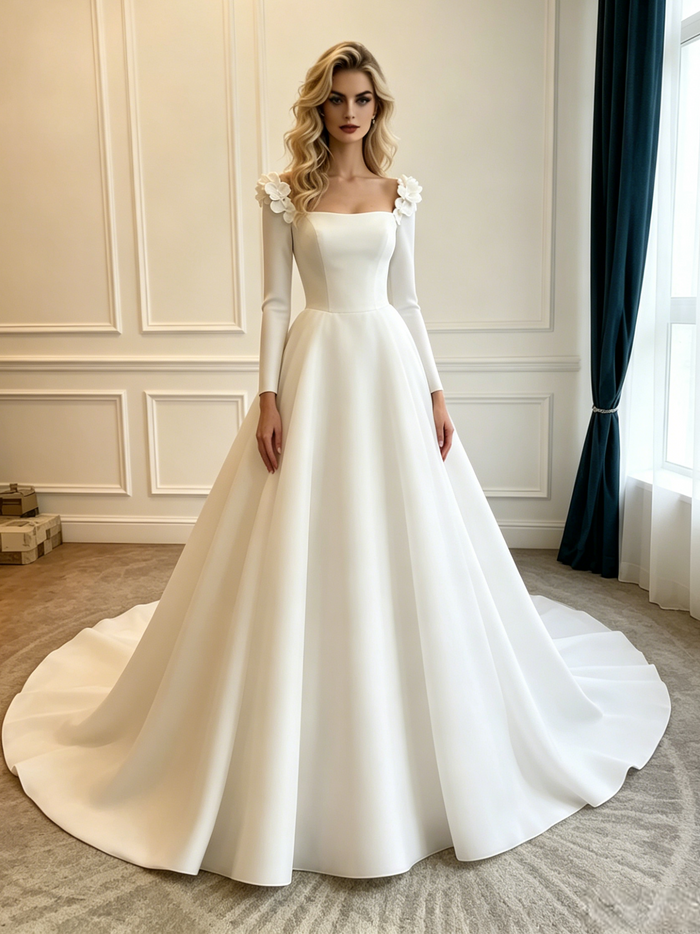 White Satin Long Sleeve Wedding Dress