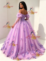 Purple Tulle Off the Shoulder 3D Flower Quinceanera Dress