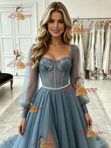 Blue Tulle Long Sleeve Lace Prom Dress