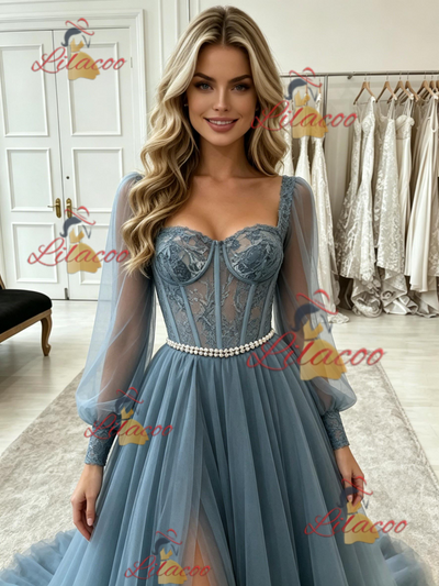Blue Tulle Long Sleeve Lace Prom Dress