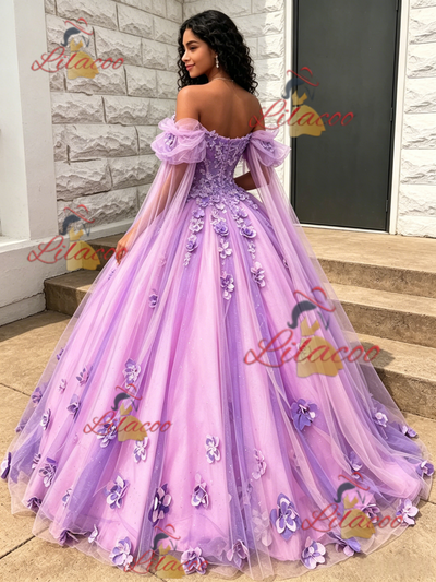 Purple Tulle Off the Shoulder 3D Flower Quinceanera Dress