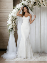 White Mermaid Sequins Spaghetti Straps Wedding Dress