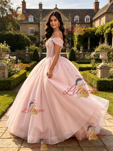 Pink Tulle Off the Shoulder Appliques Quinceanera Dress