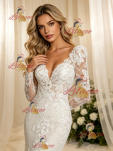 Beige Wite Mermaid Lace Long Sleeve Wedding Dress