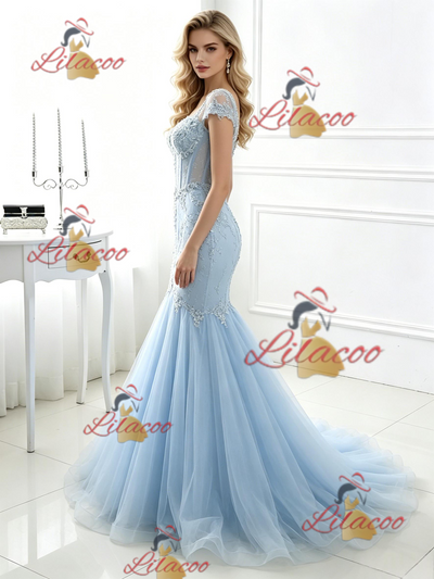 Blue Mermaid Tulle Lace Prom Dress