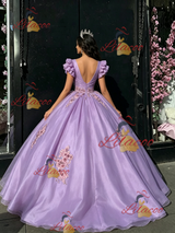 Purple Tulle V-neck Appliques Quinceanera Dress