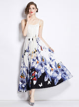 Printed Pleated Straps Dress
