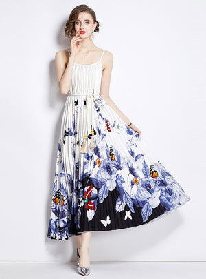 Printed Pleated Straps Dress