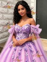 Purple Tulle Off the Shoulder 3D Flower Quinceanera Dress
