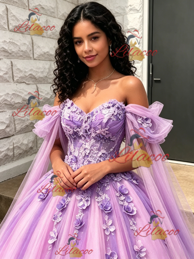 Purple Tulle Off the Shoulder 3D Flower Quinceanera Dress