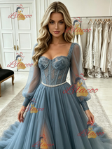 Blue Tulle Long Sleeve Lace Prom Dress
