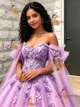 Purple Tulle Off the Shoulder 3D Flower Quinceanera Dress