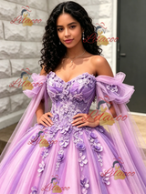 Purple Tulle Off the Shoulder 3D Flower Quinceanera Dress