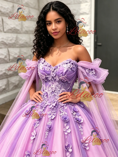 Purple Tulle Off the Shoulder 3D Flower Quinceanera Dress