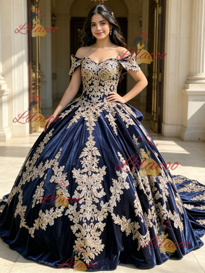 Blue Velvet Appliques Quinceanera Dress