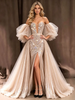 Champagne Tulle Sequins Strapless Prom Dress