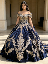 Blue Velvet Appliques Quinceanera Dress