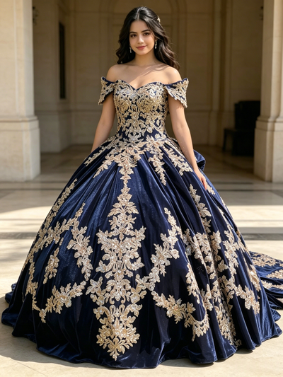 Blue Velvet Appliques Quinceanera Dress