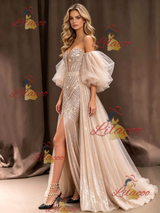 Champagne Tulle Sequins Strapless Prom Dress