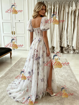 White Tulle Puff Sleeve Prom Dress