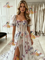 White Tulle Puff Sleeve Prom Dress