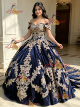 Blue Velvet Appliques Quinceanera Dress