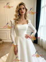 White Satin Long Sleeve Wedding Dress