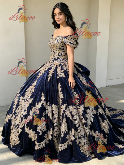 Blue Velvet Appliques Quinceanera Dress
