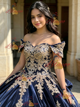 Blue Velvet Appliques Quinceanera Dress