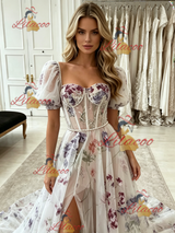 White Tulle Puff Sleeve Prom Dress