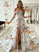 White Tulle Long Sleve Split Prom Dress