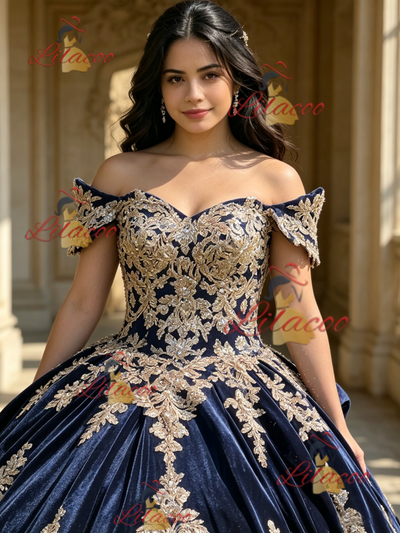 Blue Velvet Appliques Quinceanera Dress