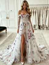 White Tulle Long Sleve Split Prom Dress