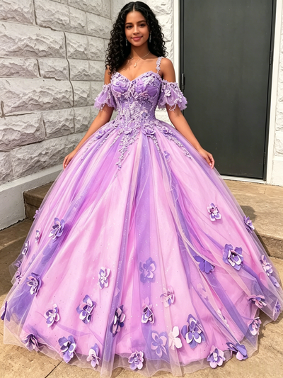 Purple Tulle Straps 3D Flower Quinceanera Dress