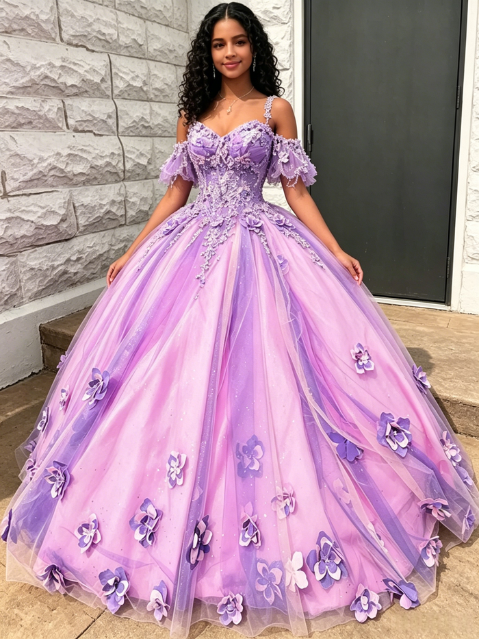 Purple Tulle Straps 3D Flower Quinceanera Dress