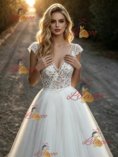 White Tulle Lace V-neck Wedding Dress