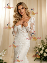 Beige Wite Mermaid Lace Long Sleeve Wedding Dress