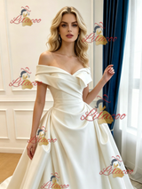 Ivory Satin Off the Shoulder Pleats Wedding Dress