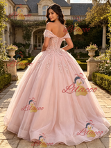 Pink Tulle Off the Shoulder Appliques Quinceanera Dress