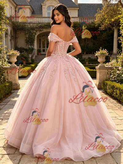 Pink Tulle Off the Shoulder Appliques Quinceanera Dress